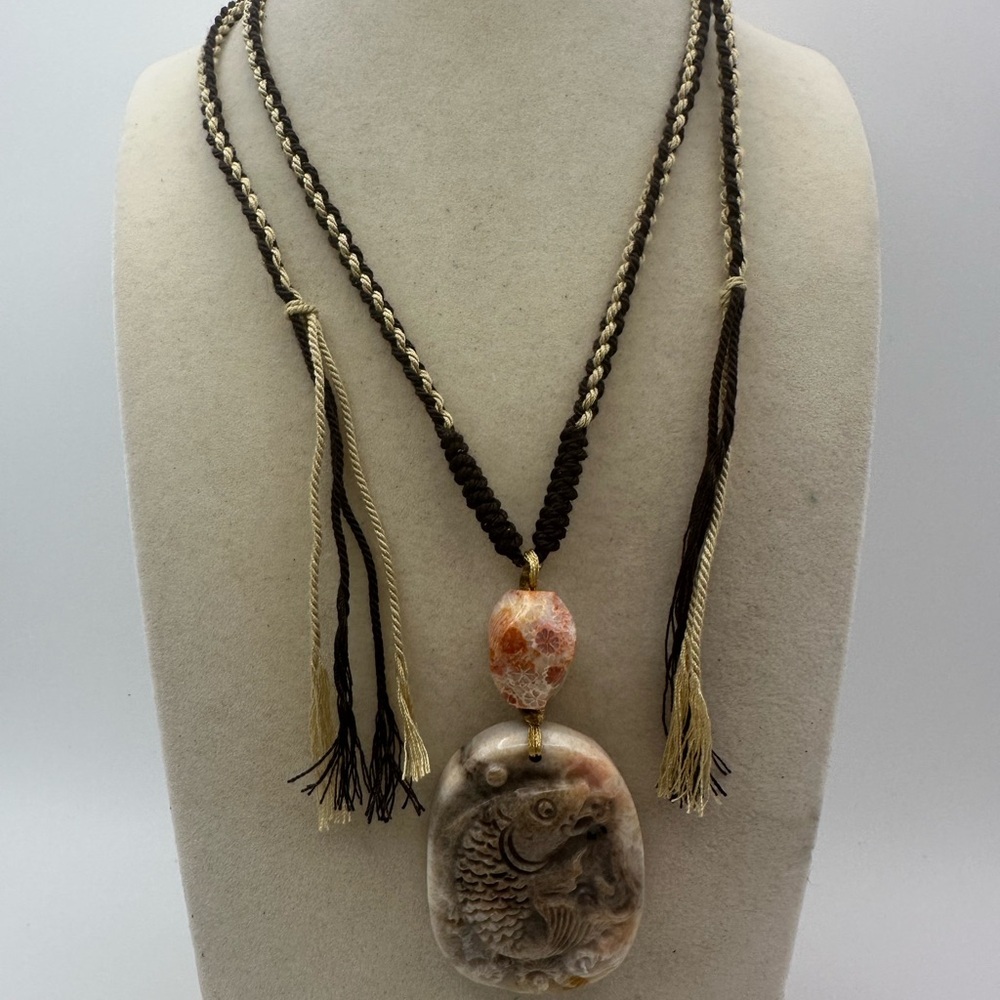 Handcrafted Coral Fossil Jade Fish Carving Pendant Necklace on Adjustable Rope - Picture 12 of 13